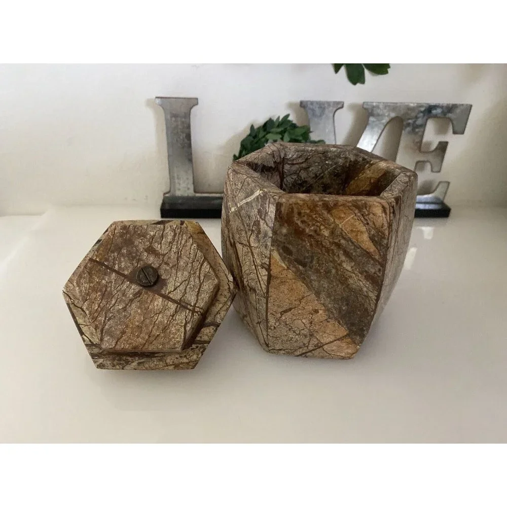 Hexagonal Stone Canister Lidded Container Trinket Box Port To Port Vintage Brown